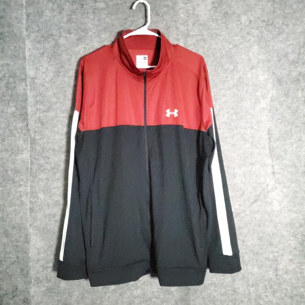 Under Armour Track Jacket Mens XXL Red‎ Black Full Zip Athletic Activewear Logo